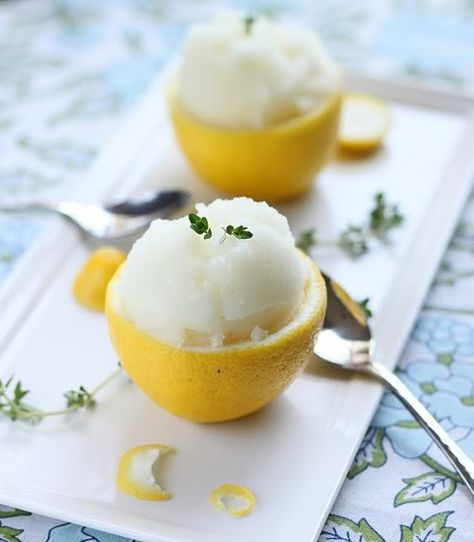 Skip the wedding cake and treat your guest to some refreshing sorbet. Shown here is Lemon Thyme Sorbet.   #LillyPulitzer #SouthernWeddings Granitas, Wedding Food Drink, Lemon Thyme, Lemon Sorbet, Frozen Desserts, Food Presentation, Frozen Treats, Food Plating, Ice Cream Recipes