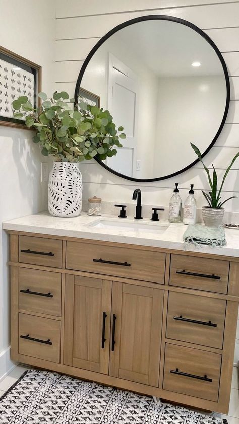 Bathrooms With Black Windows, Round Black Mirror Bathroom Vanity, Bathroom Vanity And Toilet Ideas, Half Bathroom Black Mirror, Black Round Mirrors In Bathroom, Small Bathroom Black Countertop, Bathroom Ideas With Round Mirrors, Small Bathroom Brown Vanity, Bathroom Ideas Matte Black