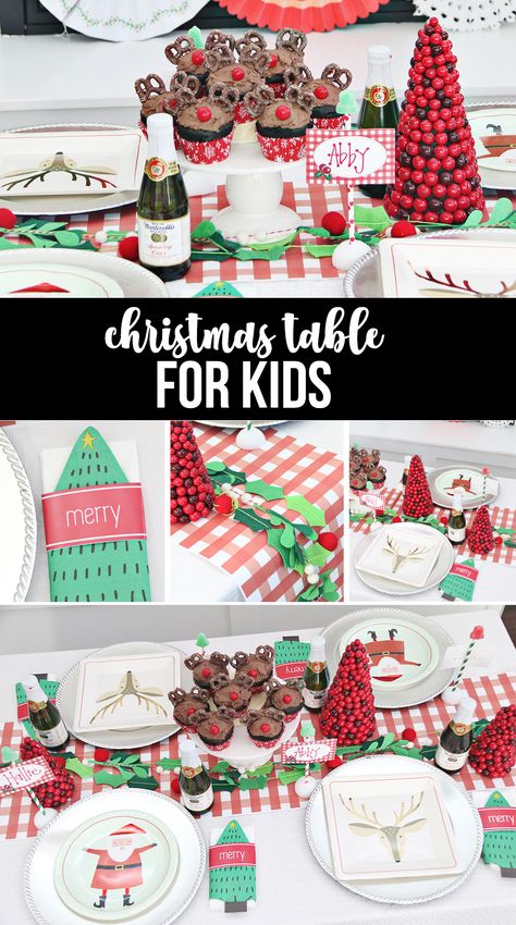 Kid Christmas Table Decor, Christmas Kids Table Ideas, Kids Table Christmas Decorations, Christmas Table Settings For Kids, Kids Christmas Table Decorations, Fun Christmas Table Decor, Kids Christmas Party Table Decor, Christmas Table For Kids, Christmas Table Kids