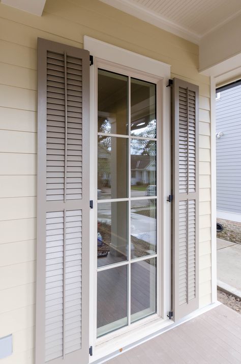 French Door With Shutters, Glass Window Design, Colonial Modern, Door Shutters, Colonial House Exteriors, Vinyl Shutters, Window Designs, Exterior Doors With Glass, Elegant Doors