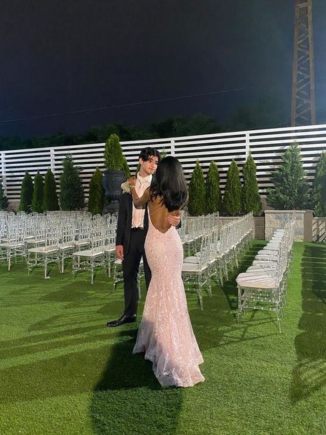 Pink Prom Ideas Black Couples, Pink Md Dresses, Light Pink Prom Dress Aesthetic, Prom Backless Dress, Baby Pink Dress Prom, Prom Couple Poses Black People, Pink Prom Dresses Couple, Pink Dress Prom Couple, Aesthetic Prom Pictures Couple