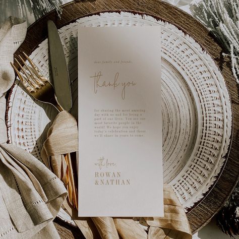 This modern chic vintage gold thank you table card is perfect for a simple wedding reception. The neutral boho design features rustic unique and stylish bohemian typography in a minimal gold and ivory cream color.  Place these cards at the place setting for each of your guests at your wedding reception. Personalize the card with your names and a special thank you message. Wedding Place Settings No Plates, Wedding Place Settings Boho, Neutral Boho Wedding Tablescape, Boho Table Place Cards, Boho Wedding Table Setting, Rustic Elegant Wedding Reception Place Settings, Boho Wedding Table Name Cards, Boho Wedding Dinner Place Settings, Boho Wedding Table Decor