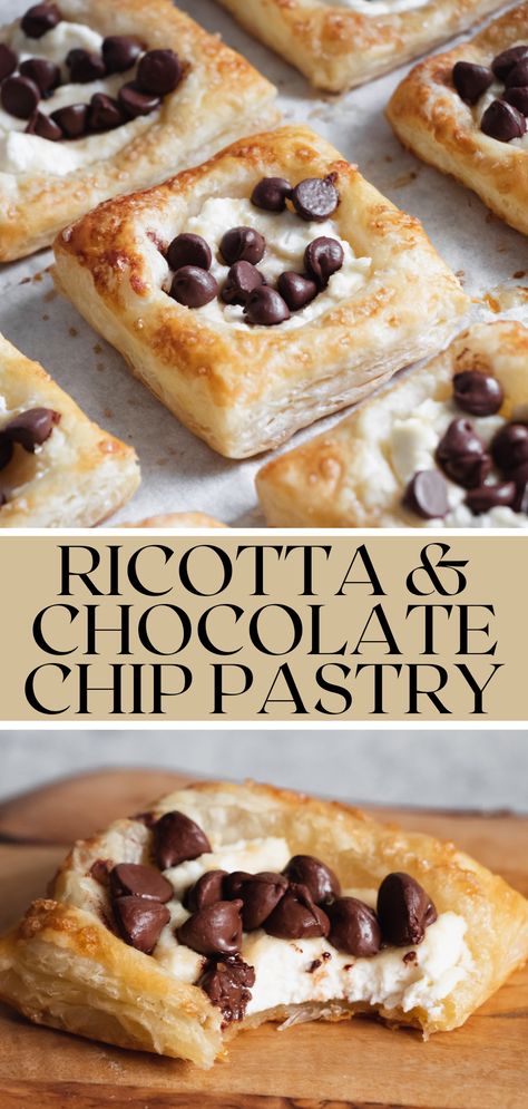 Easy 5-ingredient cannoli-inspired ricotta chocolate chip pastry squares. These yummy bites of chocolate, sweet cheese, and delicate puff pastry will melt-in-your mouth. Simple to make, impressive for guests. Puff Pastry Cannoli, Sweet Cheese Recipes, Simple Easter Recipes, Simple Impressive Meals, Puff Pastry With Ricotta Cheese, Chocolate Chip Pastries, Pastry Bread, Easy Breakfast Pastry Ideas, Easy Made Desserts