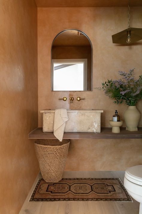 Spanish Moroccan Bathroom, Medditeranean Style Bathroom, New Mediterranean Interior, Mexican Modern Bathroom, Mexico Bathroom, Spanish Bungalow Bathroom, Spanish Bathrooms, Desert Style Bathroom, Spanish Powder Room