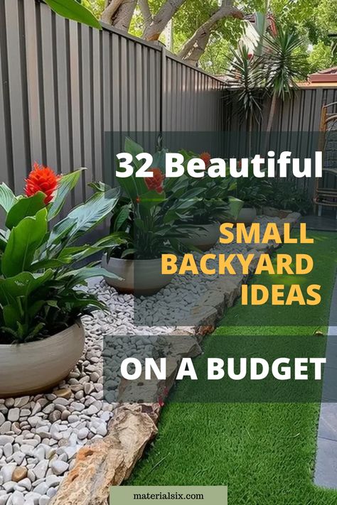 Beautiful Small Backyard Ideas on a Budget: A garden with potted plants and decorative stones. Small Backyard Decorating Ideas On A Budget, Budget Friendly Landscaping, Backyard Easy Landscaping Ideas, Tiny Backyard Landscaping Ideas, Backyard Without Patio, Simple Backyard Design Ideas, Cool Small Backyard Ideas, Ideas For Small Yards, Back Yard Ideas For Small Yards Landscaping Patio Outdoor Living