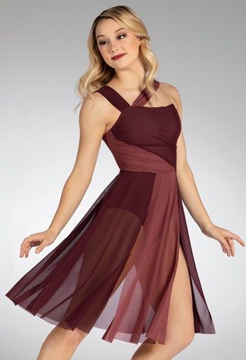 Two Color Asymmetrical Mesh Dress | Balera™ Pretty Dance Costumes Lyrical, Brown Dance Costumes, Contemporary Dance Dresses, Contemporary Dance Costumes Dresses, Contemporary Dance Dress, Modern Dance Costumes, Contemporary Dance Outfits, Solo Dance Costumes, Pretty Dance Costumes