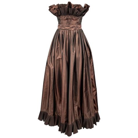 VICTOR COSTA Size 4 Brown Taffeta Strapless Ruffle Gown | From a unique collection of rare vintage Evening Gowns at https://www.1stdibs.com/fashion/clothing/evening-dresses/evening-gowns/. 1980s Glamour, Victor Costa Dress, Empire Waist Gown, Vintage Evening Gowns, Strapless Evening Gowns, Black Velvet Jacket, Sequin Evening Gowns, Ruffle Gown, Strapless Bustier