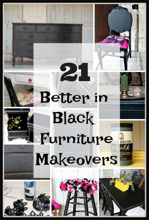 Shabby Chic Black Furniture, Black Painted Furniture Living Room, Black Furniture Makeover Diy, Black Painted Antique Furniture, Painted Furniture Black, Diy Black Furniture Ideas, Black Stain Furniture Diy, Painted Black Furniture Ideas, Black And White Painted Furniture Ideas