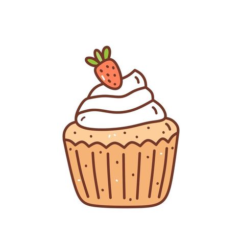 Cupcake with cream and strawberries isolated on white background. Cute dessert with berries. Vector hand-drawn illustration in doodle style. Perfect for holiday designs, cards, decorations, logo, menu Dessert Doodles Drawing, Cake Doodle Cute, Baking Cute Illustration, Cupcake Vector Illustration, Strawberry Cupcake Drawing, Cupcake Cute Drawing, Cupcake Doodle Cute, Cupcake Drawing Aesthetic, Cupcake Illustration Cute