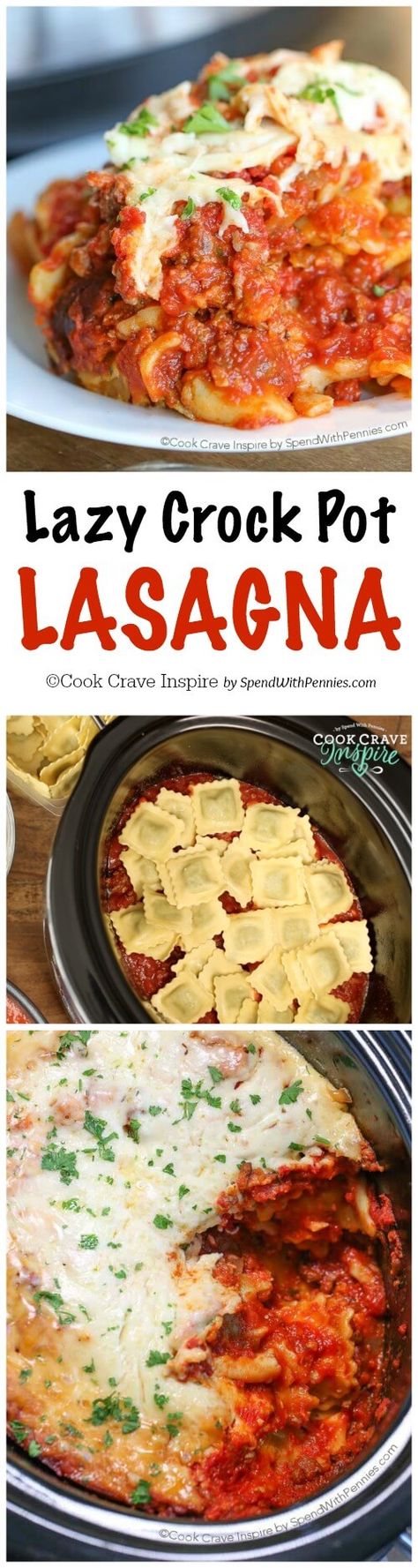 Lazy Crock Pot Lasagna is a family favorite and so quick and easy to make! A delicious meat sauce is layered with cheese and spinach filled ravioli and loads of gooey cheese and cooks up perfectly in the slow cooker. This is one meal that everyone will agree on. Lazy Crock Pot Lasagna, Lasagna Ravioli, Crock Pot Lasagna, Beef Lasagna Recipe, Resep Makanan Beku, Resep Pasta, Crock Pot Food, Crockpot Lasagna, Pot Lasagna