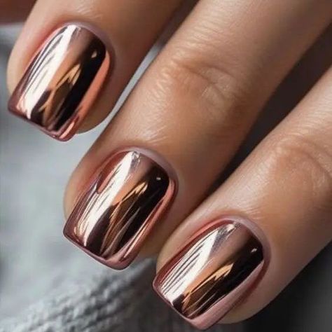 17 Best Fall Nail Designs You Will Love Metallic Nails Design Silver, Fall Nails Polish Color, Dusty Rose Gold Nails, Autumn Chrome Nails 2024, Short Nails 2024 Fall, Metallic Dip Powder Nails, Copper Dip Nails, Fall Nails Metallic, Fall Pedicures 2024