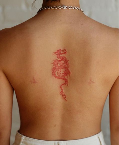 Dragon Tattoo Back, Red Dragon Tattoo, Small Dragon Tattoos, Chinese Dragon Tattoos, Dragon Tattoo For Women, Spine Tattoos For Women, Red Ink Tattoos, Red Tattoos, Black Ink Tattoos