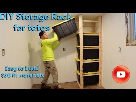 DIY Storage rack for totes - YouTube Bin Rack, Black Bin, Diy Storage Rack, Storage Totes, Diy Tote, Frame Shelf, Tote Storage, Diy Garage, Diy Shelves