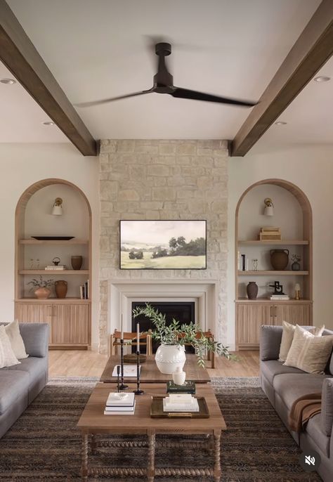 Cast Fireplace, Reeded Door, Interior Decoration Ideas, Built In Around Fireplace, Living Room Built Ins, Fireplace Built Ins, Cottage Living Rooms, Country Living Room, Home Fireplace