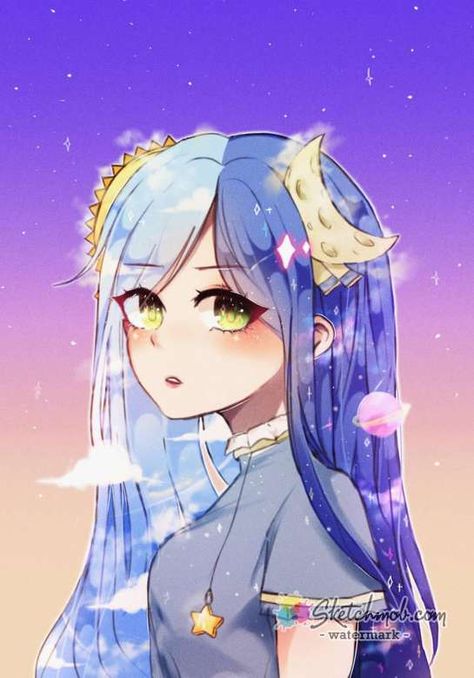 Esta chica tiene dos lados uno es el sol el otro es la luna. Con el sol expresa la felicidad y la alegría. Con la luna expresa su miedo y su tristeza. Blue Hair, Stars, Hair, Anime, Blue