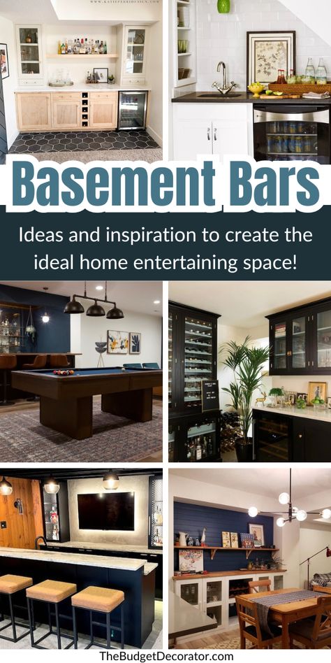 Ready to turn your basement into the ultimate hangout spot? 🍷✨ Dive into our post featuring unique basement bar ideas that cater to every style and space! Whether you have a small basement, are working with a tight budget, want a sleek modern design, or dream of a full-service setup, we've got you covered. Pin now to explore how these ideas can transform your basement into the coolest spot in the house. #BasementBarIdeas #HomeBarDesign #SmallSpaceSolution #BudgetFriendlyDecor" Basement Bar Ideas Small Corner, Basement Bar Renovation Ideas, Basement With Bar Ideas, Basement Remodel Kitchenette, Unique Home Bar Ideas, Creating A Bar Area Small Spaces, Bar Backsplash Ideas Basements, Small Bar Basement, Basement Entertainment Area