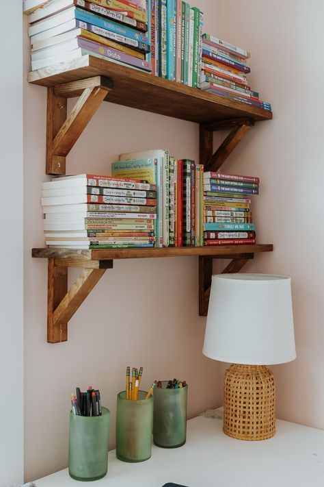 How To Build Small Book Shelf, Shelves In Bedroom Diy, Bookshelves Hanging On Wall, How To Make Wall Shelves Diy, Wall Shelf Ideas For Books, Kitchen Wall Shelf Ideas Wood, How To Stain Wood Shelves, Homemade Shelves Bedroom, Wooden Bedroom Shelves