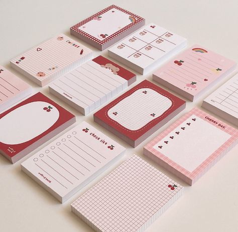 Cherry Notebook, Kawaii Notepad, Cherry Palette, Notepad Design, Memo Pad Design, Hadiah Diy, Pretty School Supplies, Stationery Cute, Stationery Obsession