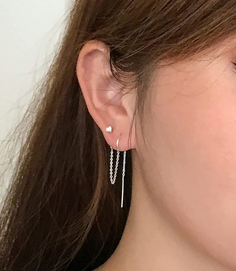 Cute Earrings For Two Holes, Threaded Earrings Double Piercing, Earring For Two Holes, One Dangly Earring, Earring For 2 Holes, 2 Lobe Earrings, Seconds Ear Piercing Silver, Silver Double Ear Piercing, Double Ear Piercing Chain