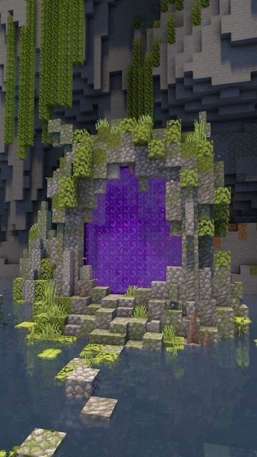 Floating Nether Portal, Minecraft Cave Nether Portal, Moss Nether Portal Minecraft, Nether Portal Cottagecore, Never Portal Minecraft, Nether Portal Design In Wall, Mangrove Nether Portal, Cave Portal Minecraft, Jungle Nether Portal Design