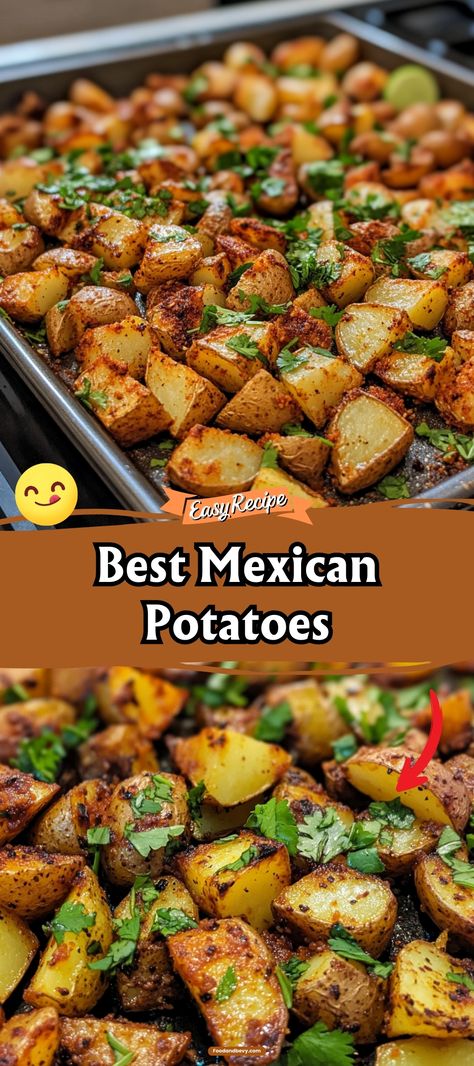 Spice up your dinner with Mexican Potatoes, seasoned with a blend of chili powder, cumin, and garlic. These zesty potatoes are roasted to crispy perfection, making them the perfect side dish for taco night or any meal needing a kick of bold flavor. #MexicanPotatoes #SpicySides #TacoNight Side To Go With Tacos, Easy Mexican Dishes Dinner Tonight, Mexican Food Recipes Potatoes, Street Taco Side Dishes, Mexican Meals For A Crowd, Mexican Food Night Ideas, Unique Potatoes Recipes, Sides To Serve With Tacos, Cheesy Mexican Potatoes