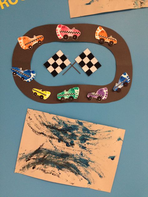 Race Car Footprint Art, Race Car Handprint Art, Car Footprint Craft, Car Footprint Art, Transportation Art For Infants, Transportation Crafts For Infants, Car Crafts For Toddlers, Painting With Cars Preschool, Transportation Crafts For Toddlers