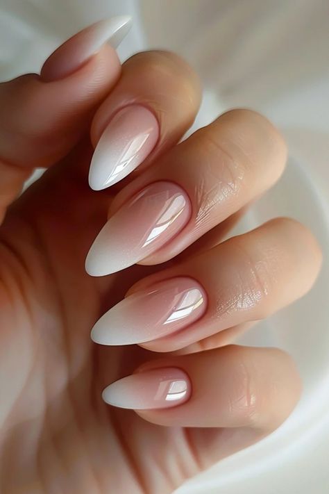 Oval Ombré Nails, Ombré French Dip Nails, French Ombré Chrome, Chrome Ombre French Tip Nails, Neutral Ombre Nails Almond, Blended French Nails, Ombre French Almond Nails, Ombré French Manicure, Bridal Ombre Nails