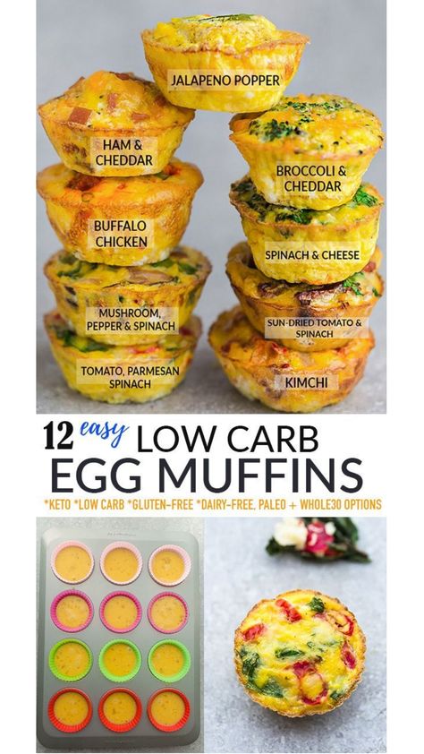 These Healthy Breakfast Egg Muffins are super easy to make and take just 5 minutes of prep time. So convenient and perfect when you need a simple make-ahead breakfast that can easily be taken to work or school. Choose from 9 delicious flavor variations! Freezer-friendly, works great for meal prep, naturally gluten-free, grain-free,low carb, dairy-free, keto with paleo and Whole30 options. Breakfast For Work, Carb Free Breakfast, Egg Muffin Cups Healthy, Low Carb Egg Muffins, Egg Muffins Breakfast Healthy, Easy Egg Muffins, Keto Egg Muffins, Keto Breakfast Muffins, Egg Muffins Healthy