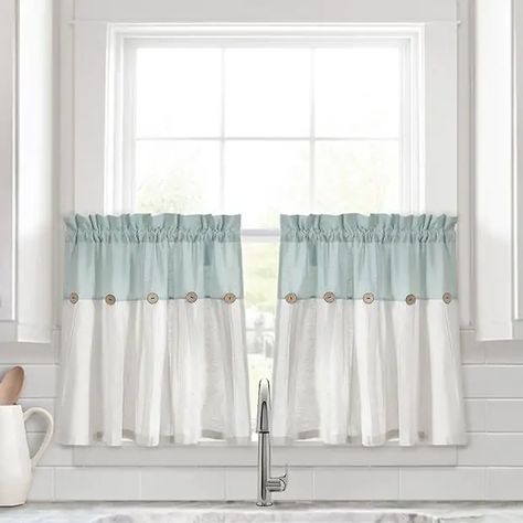 Linen Button Kitchen Window Tiers Set Blue | Antique Farmhouse Farmhouse Windows, Charming Kitchen, Tier Curtains, Kitchen Window Treatments, Lush Decor, Kitchen Curtain, Grey Panels, Rod Pocket Curtain Panels, Farmhouse Style Kitchen