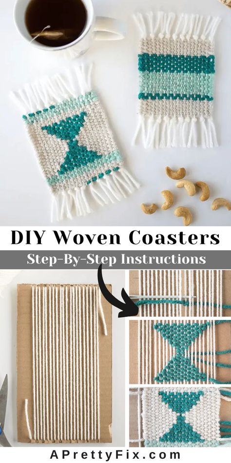 DIY woven coasters tutorial for beginners. #diy #coasters #woven Small Weaving Projects Ideas, Doodle Weaving, Woven Coasters, Finger Weaving, Weaving Loom Diy, Weaving Loom Projects, Weaving Tutorial, Mode Crochet, Diy Weaving