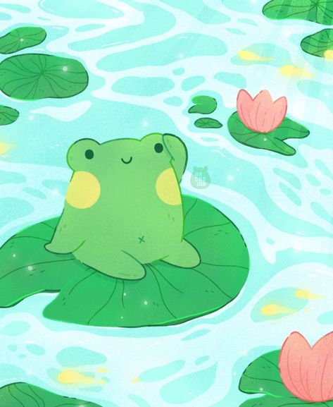 Frog Painting Ideas, Lily Pad Illustration, Frog On Lily Pad, Painted Frog, Green Frogs, Cottage Core Art, Frog Illustration, Animal Puns, Wallpaper Ipad