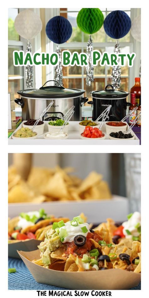 Potluck Bars Ideas, Superbowl Snacks Crockpot, Super Bowl Party For Seniors, Nachos Board Ideas, Make Your Own Nachos Bar, Cheap Way To Feed A Crowd, Nacho Bar Toppings List, Side Dishes For Nacho Bar, Staff Food Bar Ideas