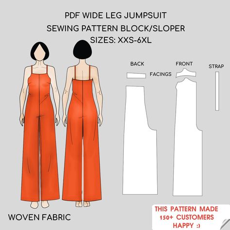 Cami Jumpsuit /Bodysuit/Playsuit PDF Sewing Pattern with Wide Leg - Block Sizes XS-6XL - Instant Download Very Easy Sewing Patterns, Easy No Pattern Sewing, Sewing Suits For Women, Simple Jumpsuit Pattern, Self Sewn Wardrobe, Sewing Patterns For Jumpsuits, Easy Diy Jumpsuit, Easy Sewing Projects For Beginners Clothes Women, Sewing Romper Pattern Women