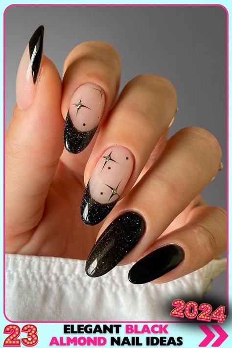 Cosmic black almond nails with star accents, using gel and glitter on medium-length nails. These black almond nails feature sparkling stars on a black base, perfect for a magical, celestial look. Ideal for stargazers. Possible search terms: cosmic nails, star accent nails. Star Accent Nails, Black Almond Nail Ideas, Black Sparkle Nails, Classy Black Nails, Almond Nail Ideas, Nails For Halloween, Cosmic Nails, Black Almond Nails, Star Nail Designs