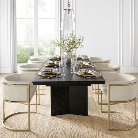 Knife Edge Extendable Dining Table & Remi Dining Armchair | Williams Sonoma Black Extendable Dining Table, Black Kitchen Table, Dining Table Rectangular, Wood Dining Table Modern, Table For 12, Dining Table Design Modern, Dinning Room Design, Rectangle Dining Table, Kitchenware Store