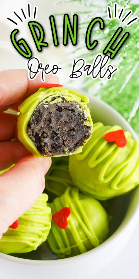 Grinch Oreo Balls No Bake Grinch Oreo Balls, Green Oreo Balls, Grinch Truffles Recipe, Grinch Oreo Balls Recipe, Grinch Truffle Balls, Grinch Balls Oreo, Grinch Popcorn Balls, Grinch Oreo Truffles, Oreo Grinch Balls