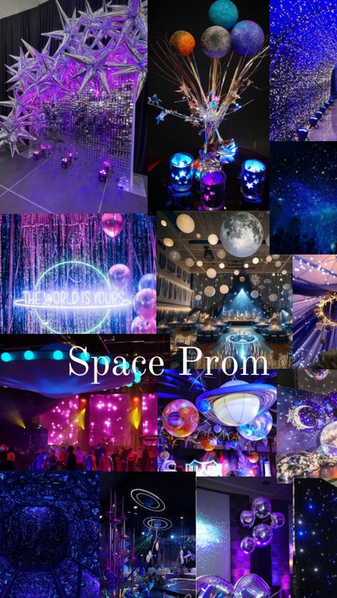 #Prom #space Spring Formal Dance Themes, Outer Space Hoco Theme, Unique Homecoming Themes, Homecoming Dance Ideas Theme, Space Hoco Theme, Outer Space Wedding Theme, At Home Prom Ideas, Out Of This World Dance Theme, Prom Colour Schemes