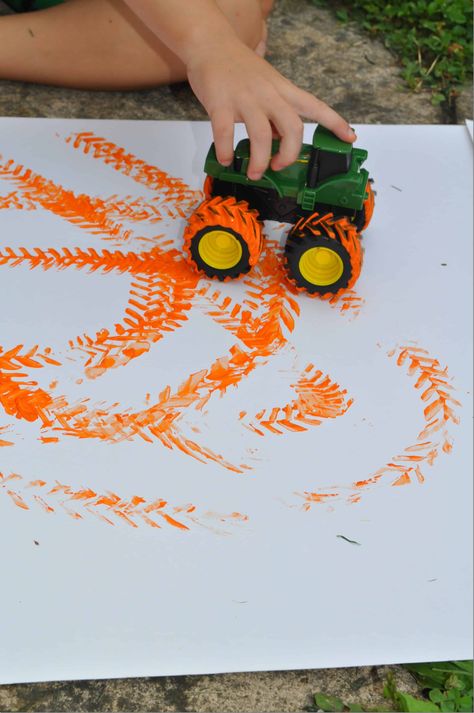 Painting with Tractors Farm Themed Process Art, Barnyard Animal Crafts, Farm And Harvest Preschool, Farm Homeschool Activities, Farm Books For Preschool, Farm School Activities, Farm Literacy Activities Preschool, Farm Art Projects For Kids, Farm Animal Art For Toddlers