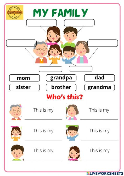 Family members online activity for Grade 2. You can do the exercises online or download the worksheet as pdf. 2nd Grade English, Materi Bahasa Inggris, English Worksheets For Kindergarten, Family Worksheet, Kindergarten Reading Activities, Grammar For Kids, English Activities For Kids, English For Beginners, English Exercises