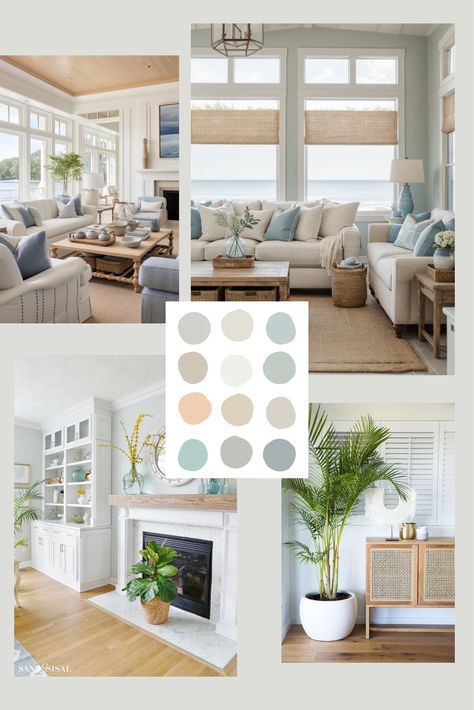 Coastal living room mood board, color palette Family Room Coastal, Light Blue And Wood Living Room, Subtle Coastal Living Room, Coastal Modern Color Palette, Earthy Coastal Living Room, Coastal Farmhouse Mood Board, Coastal Living Room Mood Board, Coastal Living Room Color Palette, Calm Coastal Living Room