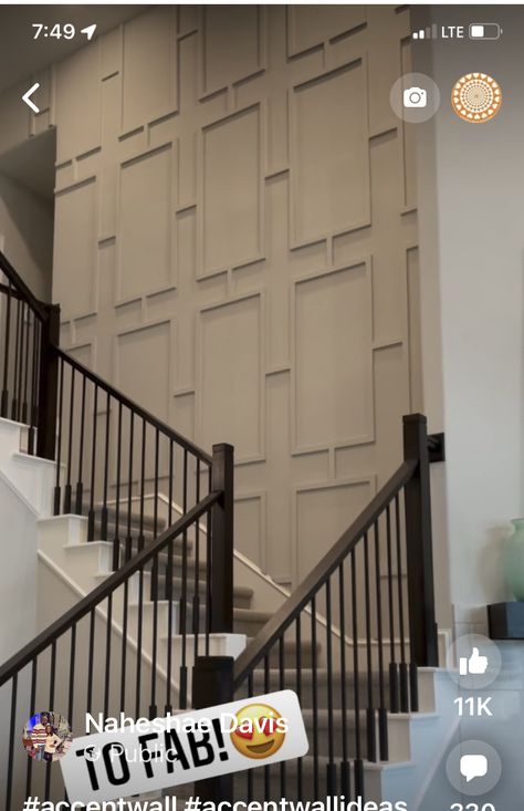 Top Of Stairs Accent Wall, Black Accent Stair Wall, Stair Wall Moulding, 2 Story Accent Wall Ideas, Stairs Wall Panelling, Stairway Wall Ideas, Stairs Feature Wall, Stair Accent Wall, Molding Detail