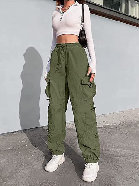 Gray Cargo Pants Outfit, Ruched Cargo Pants, Baggy Parachute Pants, Joggers Outfit Women, Parachute Pants Outfit, Y2k Cargo Pants, Grey Cargo Pants, Women Cargo Pants, Y2k Pants