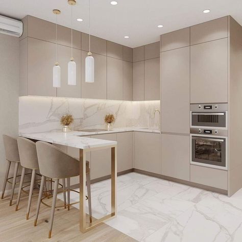 Isle Kitchen Ideas, Modern Neo Classic Kitchen Design, Small Kitchen Neutral Colors, Small Kitchen Beige Cabinets, Beige Kitchens Modern, L Kitchen With Bar, Beige Minimalist Kitchen, Kitchen Interior Beige Colour, Kitchen Creme Color