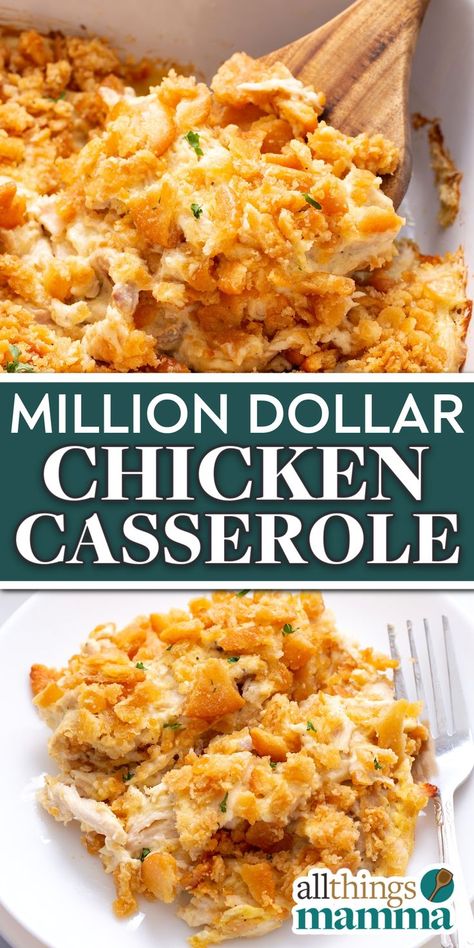 Million Dollar Chicken Casserole collage image pin. Million Dollar Chicken Casserole, Ritz Cracker Topping, Million Dollar Chicken, Ritz Cracker Chicken, Cracker Chicken, Creamy Chicken Casserole, Cracker Toppings, Chicken Casserole Easy, Ritz Cracker