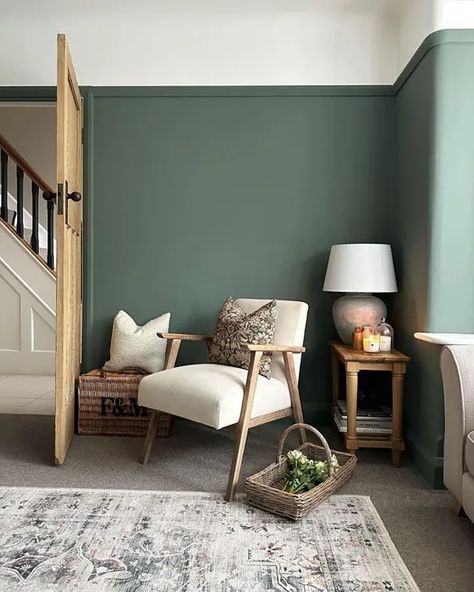 Farrow and Ball Green Smoke 47 living room Farrow And Ball Green, Farrow And Ball Bedroom, Farrow And Ball Living Room, Green Walls Living Room, Green Living Room Decor, Snug Room, Farrow And Ball, Living Room Green, Lounge Decor