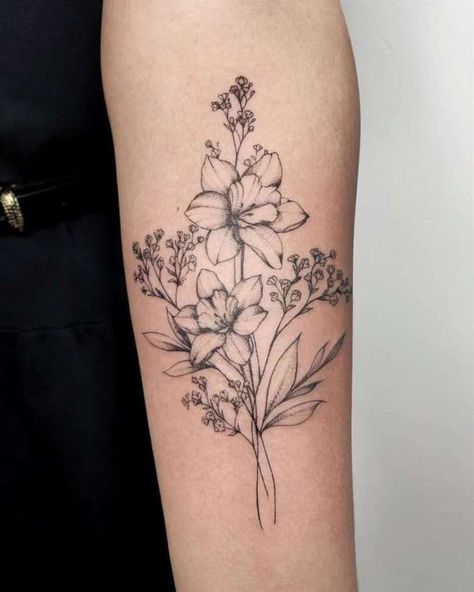 Birthday Flowers Tattoo Ideas, Birth Flower Tattoos Narcissus, Daffodils And Chrysanthemums Tattoo, Birth Flower Arm Tattoos For Women, 2 Stem Flower Tattoo, Birth Flower Tattoos With Color, April And May Birth Flower Tattoo Together, Birth Month Flower Tattoos Forearm, Large Birth Flower Tattoo