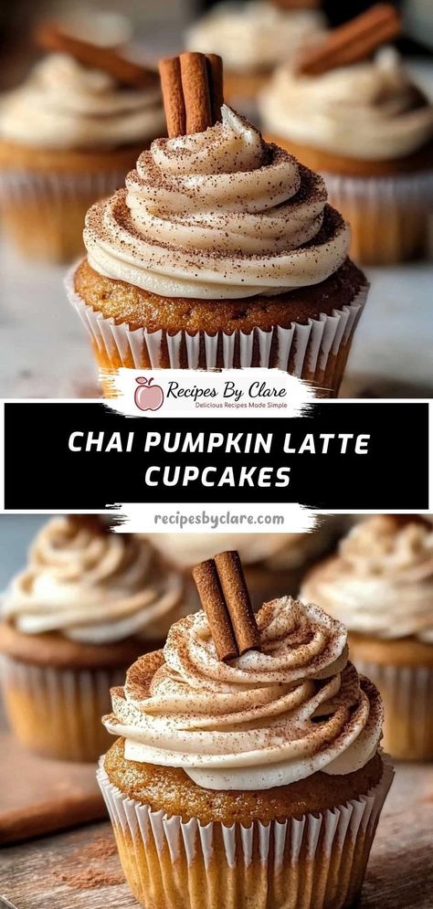 These Chai Pumpkin Latte Cupcakes are the ultimate fall treat, combining the flavors of spiced chai, pumpkin, and creamy cinnamon frosting for a cozy and delicious dessert. Ingredients: 1 ½ cups all-purpose flour ¼ cup brewed chai tea ½ tsp ground cloves 2 cups powdered sugar A delightful way to bring the flavors of chai and pumpkin to your autumn dessert table! Vanilla Chai Pumpkin Latte Cupcakes, Chai Cupcake Recipe, Pumpkin Latte Cupcakes, Chai Latte Cupcakes, Fall Ingredients, Pumpkin Chai Tea, Pumpkin Spice Latte Cupcakes, Spice Frosting, Cinnamon Frosting