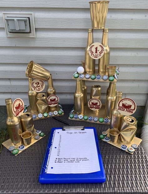 His And Her Party Ideas, Beer Pong Party Ideas, Drinking Yard Games, Beer Pong Tournament Ideas, Beer Pong Trophy Diy, Beer Olympic Trophies, Drink Olympics Games, Beer Olympics Trophy Diy, Beer Olympics Prizes