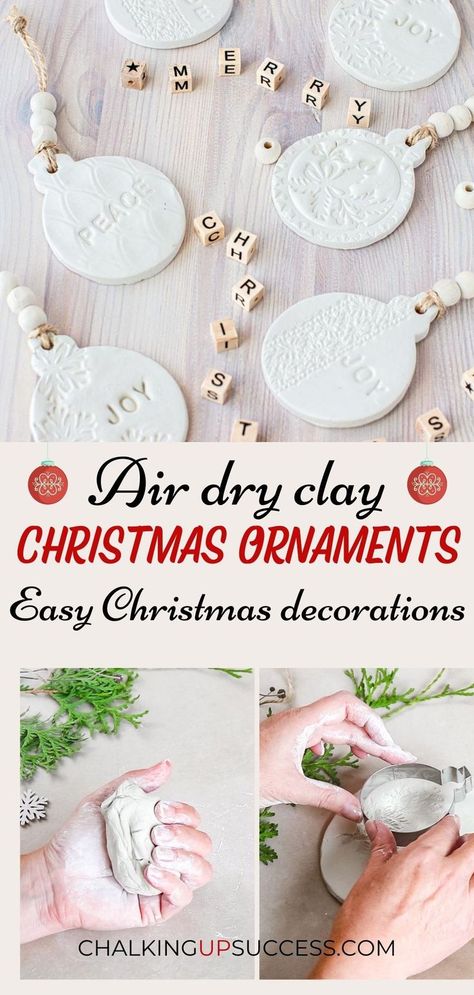 Diy Clay Name Tags, Fimo, Natal, Stamping Clay Ornaments, Sculpy Clay Christmas Ideas, Christmas Crafts With Air Dry Clay, Air Dry Christmas Crafts, Stamped Air Dry Clay Ornaments, Clay Gift Tags Christmas