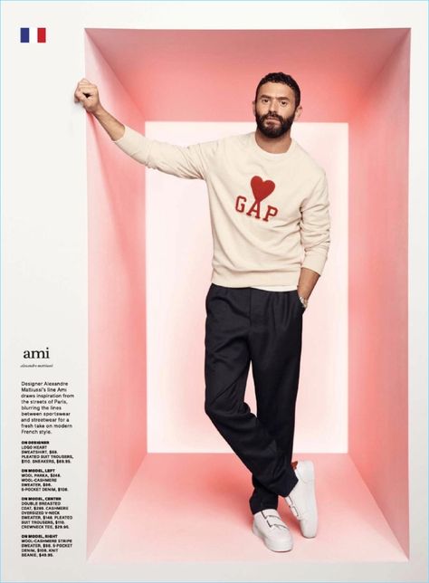 AMI designer Alexandre Mattiussi wears fashions from his Gap collaboration. Ami Alexandre Mattiussi, Alexandre Mattiussi, American Brand, Paris Street, Gq, Gap, Normcore, Graphic Sweatshirt, Sweatpants